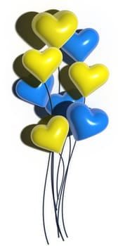Yellow blue hearts with shadow on isolated background, 3D rendering illustration