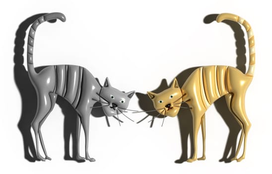 Gray and red tabby cat arched back on isolated background, 3D rendering illustration