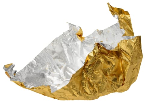 Crumpled sheet of golden foil, candy wrapper on isolated background