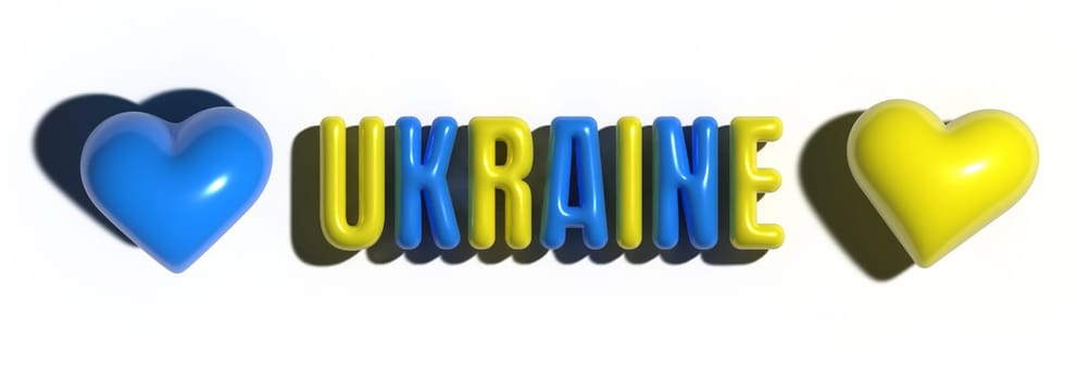 Yellow blue hearts, the inscription Ukraine, 3D rendering illustration