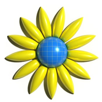 Sunflower with yellow petals and blue center with shadow on isolated background, 3D rendering illustration