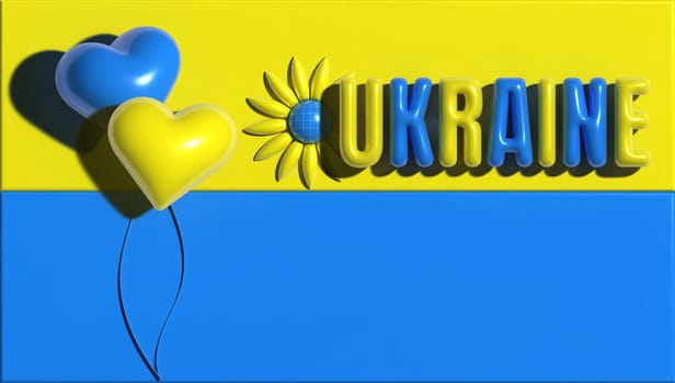 Yellow blue hearts, the inscription Ukraine on the background of the national flag, 3D rendering illustration