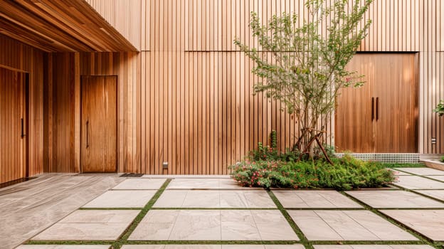 Modern and elegant house with decorative wooden panels on wall and cobblestone path. AI generated
