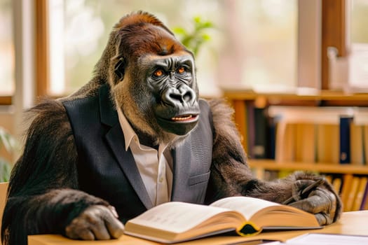 A concentrated gorilla sitting at the study desk in the classroom with books on the table. AI generated