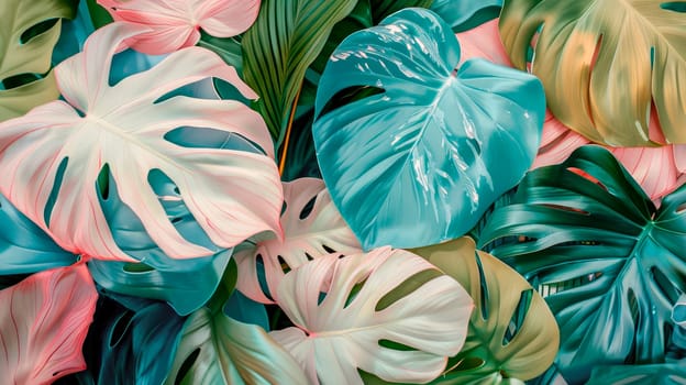 Closeup tropical colorful leaves texture, abstract nature pattern background. AI generated