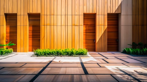 Modern and elegant house with decorative wooden panels on a wall. AI generated