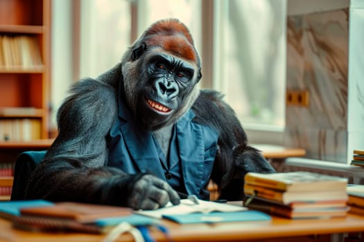 A happy gorilla sitting at the study desk in the classroom with books on the table. AI generated