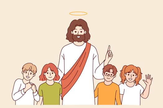 Jesus christ smiles standing with children, preaching love and kindness to followers of christian religion. Jesus christ among sunday school students wanting to join catholic faith
