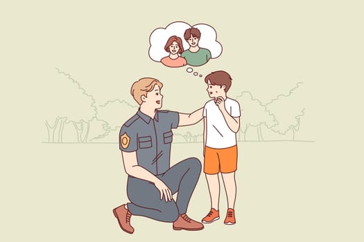 Kind policeman helps boy who has lost parents and is sad because is afraid of not finding mother and dad. Positive officer taking care of lost child who needs help to avoid trouble.