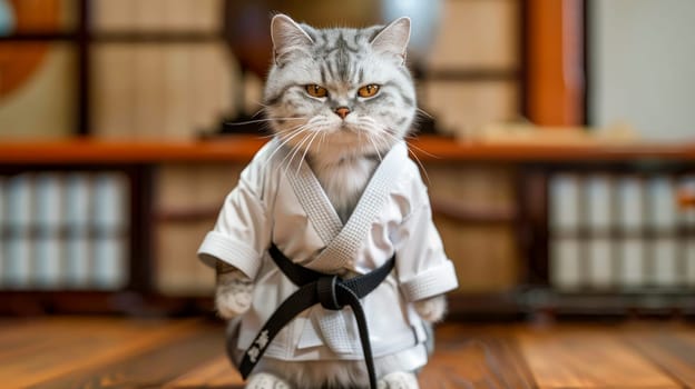The fighter cat in a  white kimono with a black belt gets ready to fight. AI generated