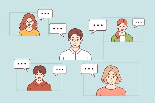 Video conferences people on internet to agree on business project or joint training at educational webinar. Cloud technologies for organizing video conferences and mass calls among company employees