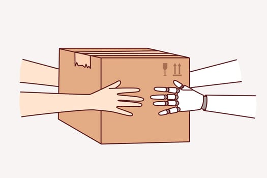 Synergy of human and robot working together in logistics and holding cardboard box with order. Robot helps people by courier delivery of parcels or servicing fulfillment center of postal company