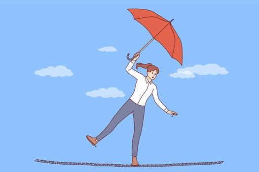 Business and career risks are experienced by woman, walking thin tightrope and balancing to achieve personal goals. Importance of balancing for office workers overcoming obstacles to success