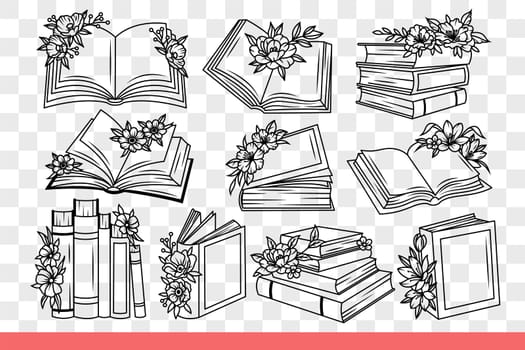 Books and textbooks from library are decorated with flowers located on pages of literature. Books for gaining knowledge and educational reading in preparation for exams. Hand drawn doodle