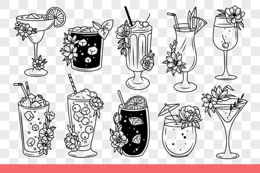 Cold cocktails with ice in different glasses from nightclub or beach bar for tourists. Glasses with delicious cocktail are decorated with ice and slices of fruit or mint leaves. Hand drawn doodle