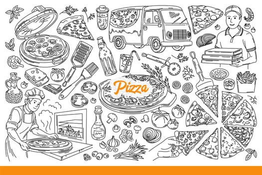 Pizza in process of preparation and delivery, near chef and ingredients for recipe. Male courier holds boxes of pizza in hands or bakes dough in stone oven with fire. Hand drawn doodle