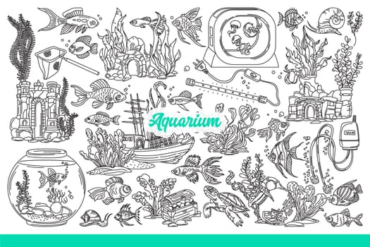 Aquarium decorations with fish swimming among algae and corals. Underwater castles and treasures or vase decorate bottom of aquarium for breeding sea pets at home. Hand drawn doodle