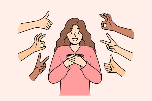 Public approval for happy woman standing among positive OK and thumbs up gestures. People support blogger girlfriend by showing approval and honest feedback or agreement with idol opinion