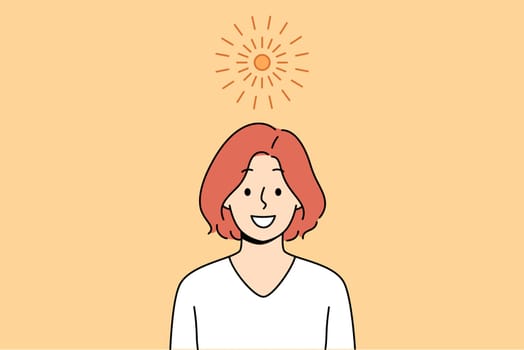 Bright sun over woman enjoying good weather and onset of summer season after winter. Girl in casual t-shirt smiles and looks at screen, standing under small sun, symbolizing emergence idea in head