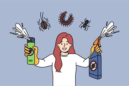 Using insecticide spray to control pests, woman holding two bottles of bug poison with smile. Insecticides against insects and pests that destroy plants in garden or impair crop growth