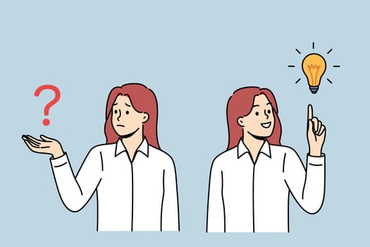 Business woman comes up with idea after problem arises and rejoices at finding answer to question. Upset manager, who learned about presence of trouble, rejoices having come up with brilliant idea