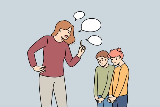 Evil stepmother scolds children who are afraid and look down guiltily in anticipation of punishment. Mom scolds son and daughter, raising and reprimanding after pranks or getting bad grades at school
