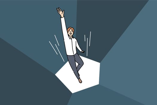 Business man jumps getting out of trap and achieving goal in career growth, flying in superhero pose. Guy successful manager in business demonstrates ambition and willingness to deal with problems