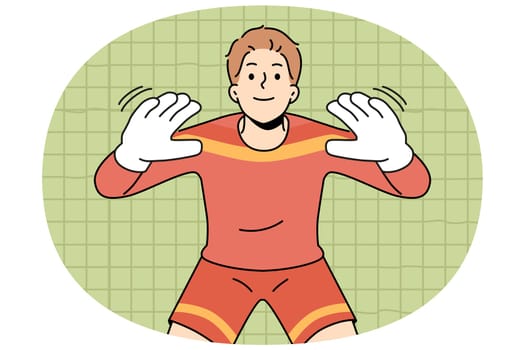 Man football goalkeeper of getting ready to take kick from players from opposing team. Guy is professional football player participating in premier league or prestigious olympic tournament