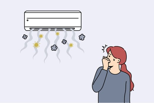 Broken air conditioner causes stench and spread of germs in apartment with girl covering nose. Problem with air conditioner or split system that contributes to appearance of bacteria