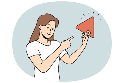 Woman holding play button suggesting start video or music from playlist and use multimedia technology. Girl points finger at large play sign designed to control media player or online cinema