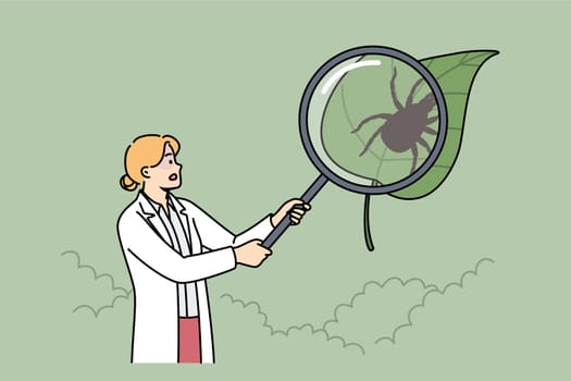 Woman scientist studies encephalitic ticks, walking through park with magnifying glass looking for parasites. Researcher explores encephalitic mites to find antidote to blood-sucking insect