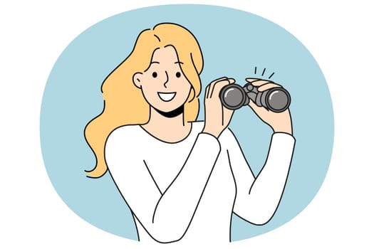 Woman with binoculars smiles and looks into camera, showing curiosity and eagerness to learn new facts. Binoculars as metaphor for long-term planning or development of strategic thinking