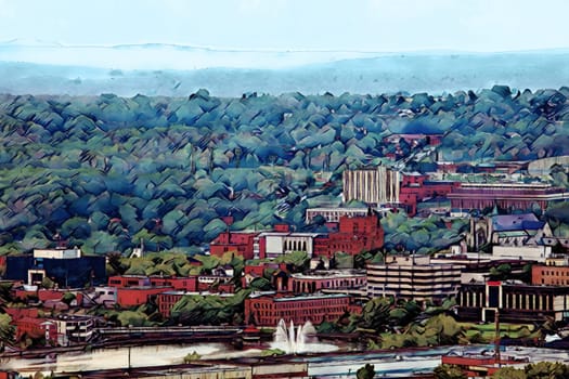 Sherbrooke painting downtown landscape small city in Quebec, Canada, Estrie digital illustration