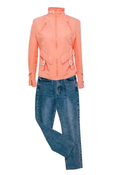 Casual blue denim trousers with orange-colored long-sleeved elegant jacket isolated on a white background. Trendy denim fashion.