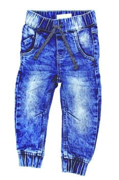 Jeans isolated. Trendy stylish blue denim pants or trousers for child boy isolated on a white background. Clipping path. Jeans winter and autumn fashion.