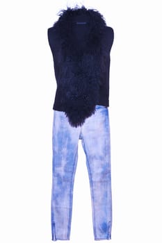 Stylish blue jeans or denim trausers and black female women vest with a large fur collar isolated on a white background. Woman fashion.