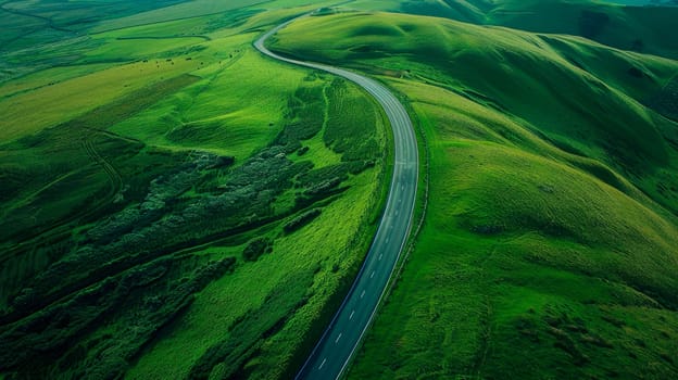 Aerial view of road in the middle of the green hills. Road travel concept. AI generated