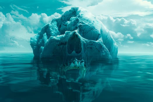 Iceberg in the shape of a human skull. Concept for: Hidden dangers in cold arctic water. AI generated