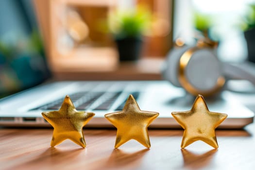 Three golden stars of feedback in front of laptop computer on the desk. AI generated