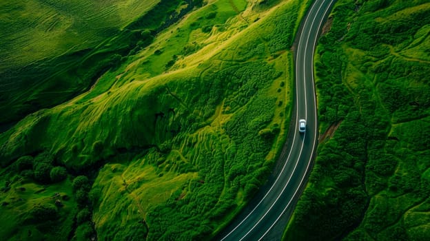 Aerial view of single car driving on a road in the middle of the green hills. Road travel concept. AI generated