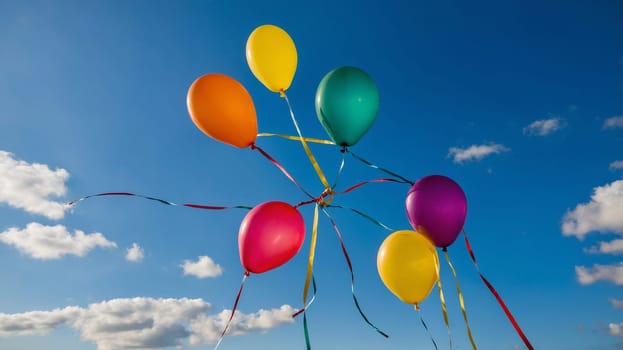 The image captures a vibrant collection of balloons in various colors, tied to strings, floating buoyantly against a clear blue sky dotted with white clouds, evoking feelings of joy, celebration, and freedom.