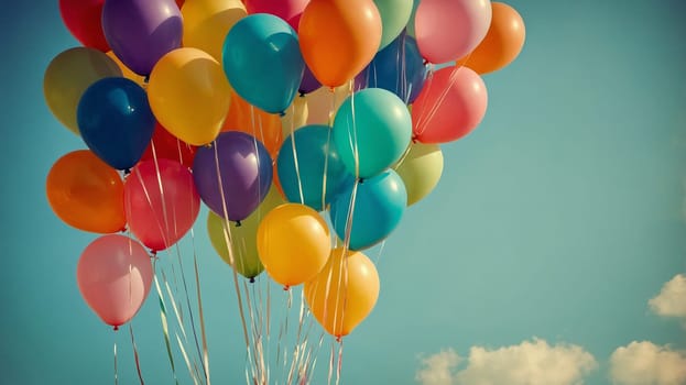 The image captures a vibrant collection of balloons in various colors, tied to strings, floating buoyantly against a clear blue sky dotted with white clouds, evoking feelings of joy, celebration, and freedom.