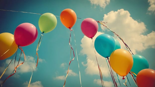 The image captures a vibrant collection of balloons in various colors, tied to strings, floating buoyantly against a clear blue sky dotted with white clouds, evoking feelings of joy, celebration, and freedom.
