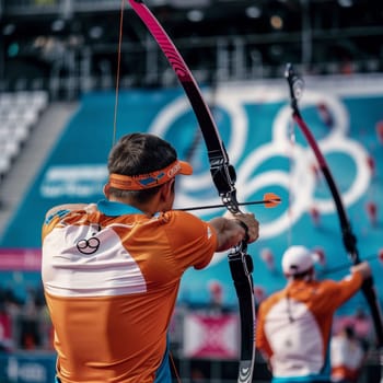 Male athlete aims arrow with intense focus during sunny outdoor competition