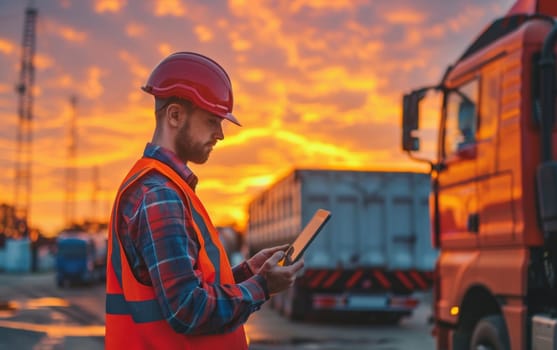 Worker checks tablet near equipment as fiery sunset paints dramatic sky