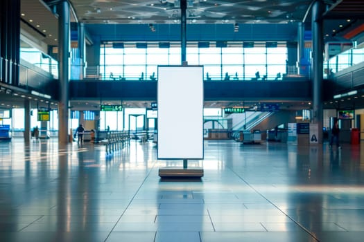 A blank vertical billboard stands in empty airport hall, copy space for advertising content. AI generated