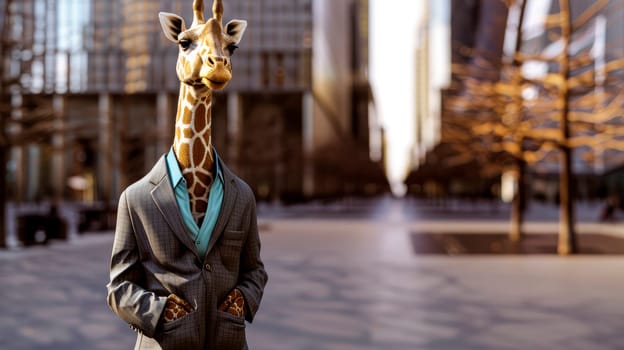 A giraffe wearing a  suit, holding his hands in a pockets and standing on square of business center. AI generated