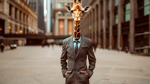 A giraffe wearing a suit, holding his hands in a pockets and standing on the street of business center. AI generated