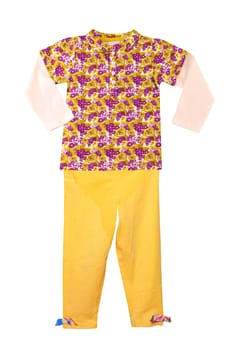 Kids pants isolated. Close-up of a stylish fashionable yellow corduroy trousers with ribbon bows for the little girl. Clipping path. Childrens sporty trousers.