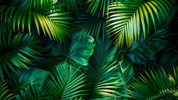 Closeup tropical green leaves texture. Background or green leafy tropical forest patterns for creative design elements. AI generated
